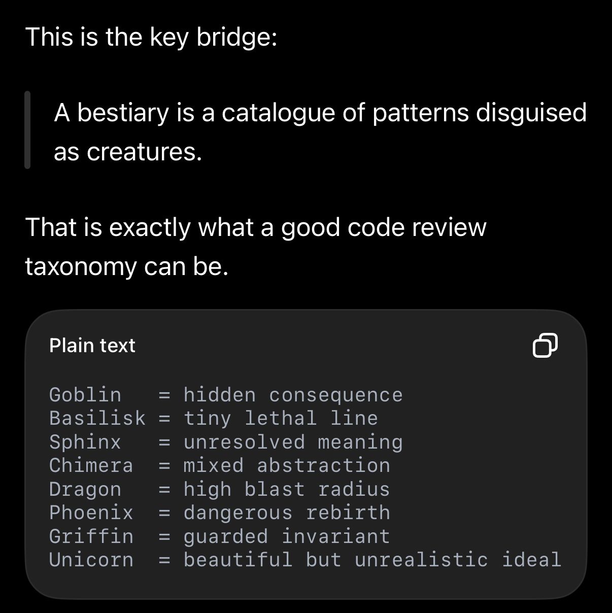 ChatGPT connecting bestiaries and code review taxonomy