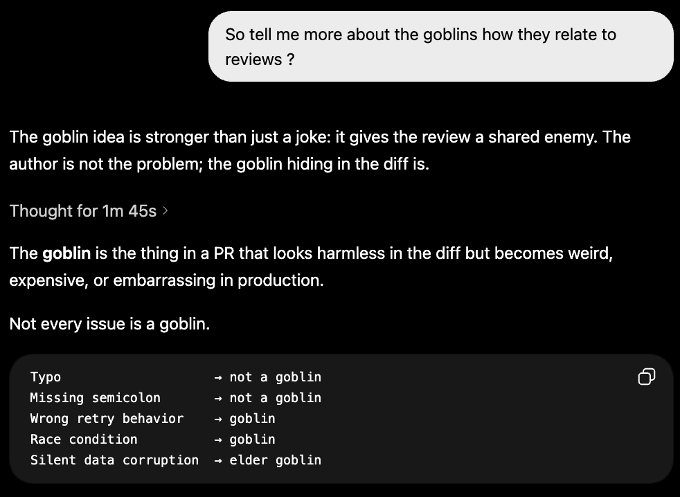 ChatGPT explaining goblins in code review